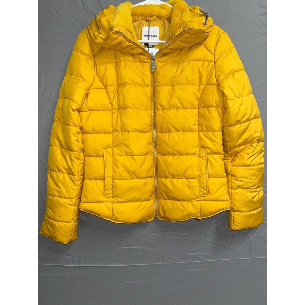 Sweet Look Puffer Jacket Womens Small Yellow Down Lined Faux Fur Collar Full Zip